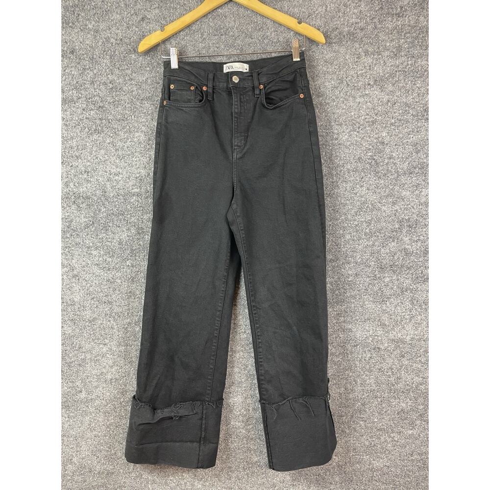 Zara Jeans Wide Leg Black Sz 4‎ The Folded Up Wide Leg Reverse Hem Size EUR 36